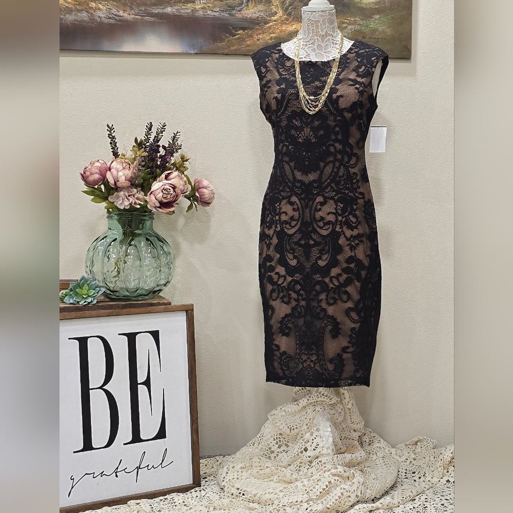 CONNECTED APPAREL Black Illusion Lace Cocktail Sheath Dress 🔖NWT